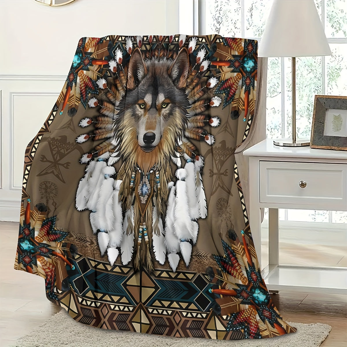 Charming Wolf Design Flannel Fleece Blanket with Rustic Native American Style, Digital Print, Cozy and Warm Throw for Home Decor, 1 Piece