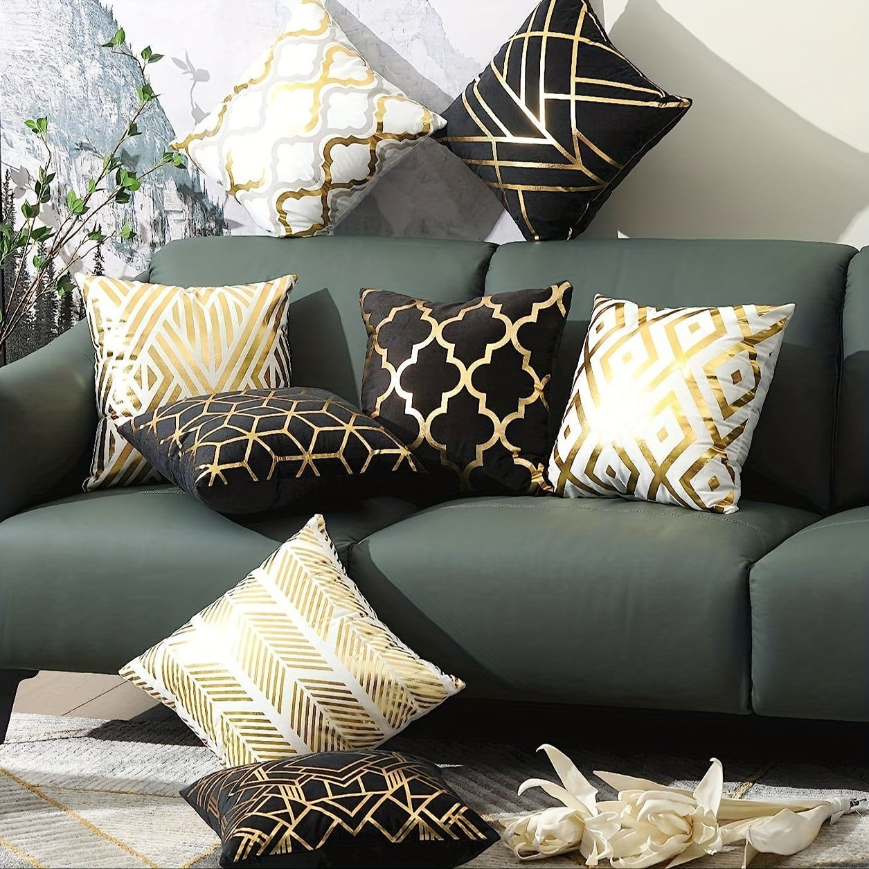 4 golden foil geometric throw pillow covers for decorating your home, room, bedroom, living room, car, or sofa.