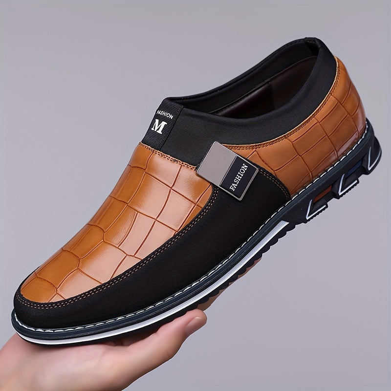 Men's slip-on business casual shoes with synthetic microfiber leather, anti-slip rubber sole, PU inner lining, and low top design for daily wear in spring/fall season.