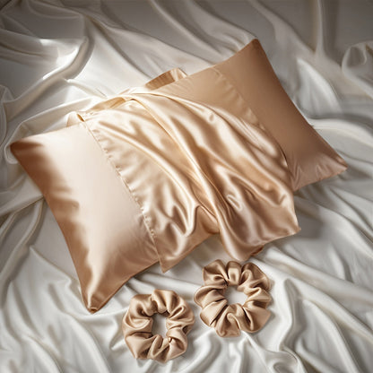 The luxurious satin material 3-piece set includes 1 pillowcase (pillow core not included) and 2 headbands. This modern and simple design is perfect for use in the bedroom, bathroom, or hotel.