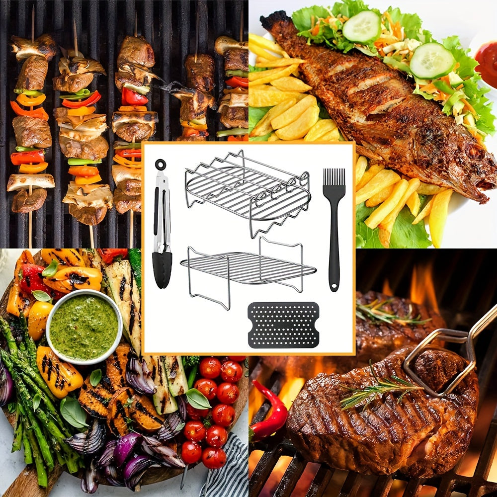 This set includes 9 pieces and is designed for use with air fryers such as the Ninja Dual AF300Uk, Instant Vortex Plus, Salter EK5196GW, Ultenic K20, and other 7.6L rectangular air fryers. The accessories in this set include 2 grill racks, 4 skewers, 1