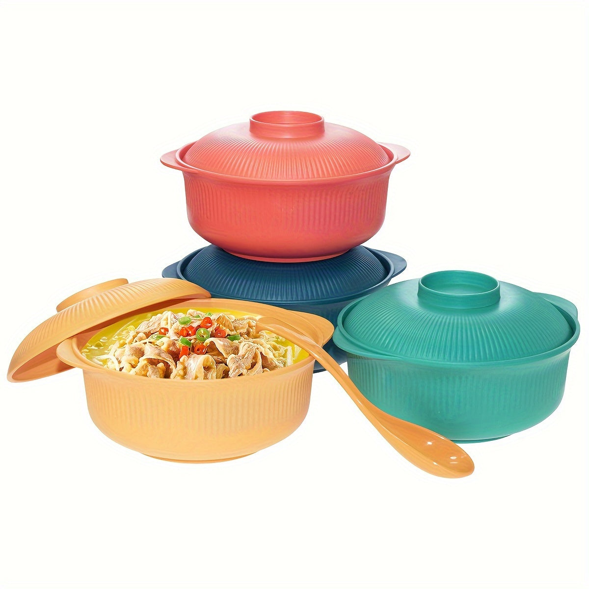 Large capacity plastic rice bowls set with lids and spoons, perfect for soup and noodles. Ideal for students, lunch, home, and restaurant use. 2-piece set, dishwasher safe.