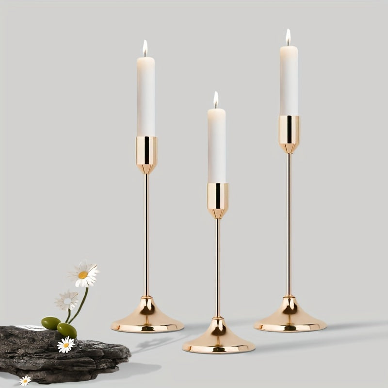 Set of 3 elegant metal candle holders in golden and rose golden finish, perfect for various festive occasions. Durable, easy to assemble, ideal for home and hotel decor. (Candles not included).