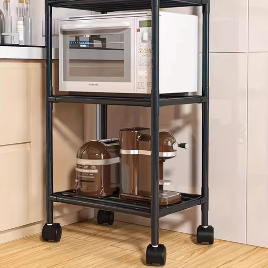 Large rolling utility cart for easy organization in the kitchen, made with durable metal and plastic construction. Features wheels for mobility and has multiple tiers for versatile storage options. Available in black or white color options.