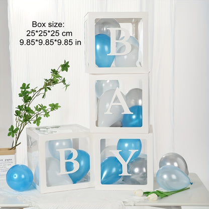 4-piece set of 9.85-inch baby gift box with BABY letters, including a white transparent square box and a transparent balloon box for birthday party decoration and gender reveal gifts (balloons not included).