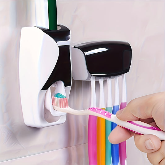 Wall-mounted toothbrush holder with automatic toothpaste dispenser, no-drill organizer for toothpaste and brushes, manual operation without batteries