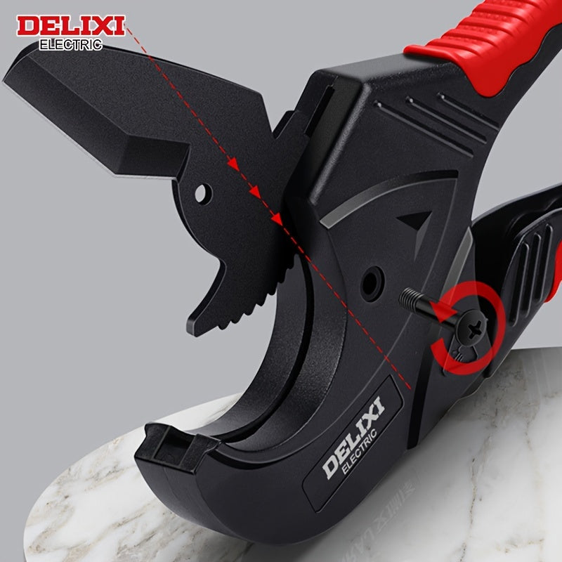 DELIXI ELECTRIC Electric Ratchet PVC Pipe Cutter: Cuts PEX, PVC, PPR, and Plastic Hoses with SK5 Blade, Aluminum Construction