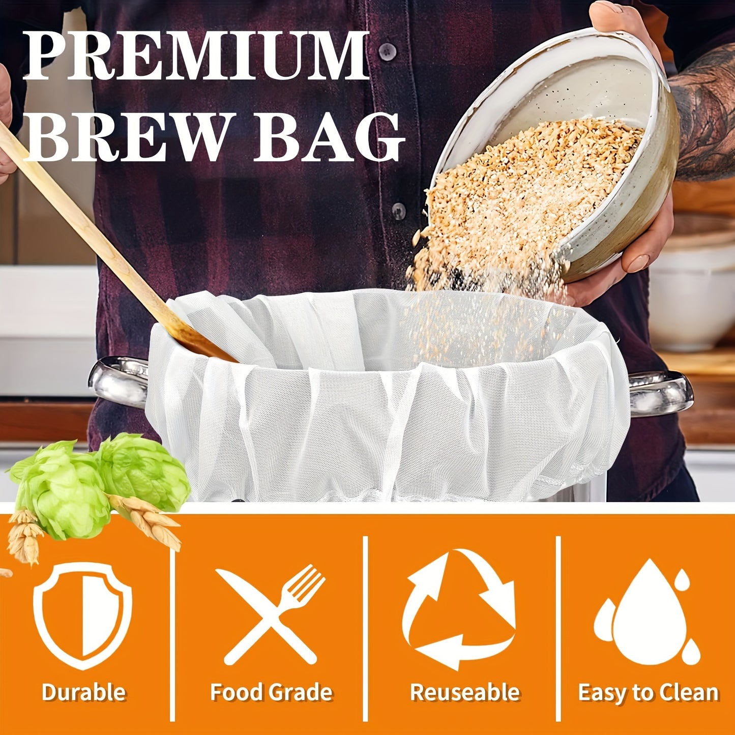 Large, durable brewing bag with fine mesh strainer - 66.04cm x 55.88cm, adjustable drawstring for home brewing. Great for hops, grains, and fruit wine beer making supplies.