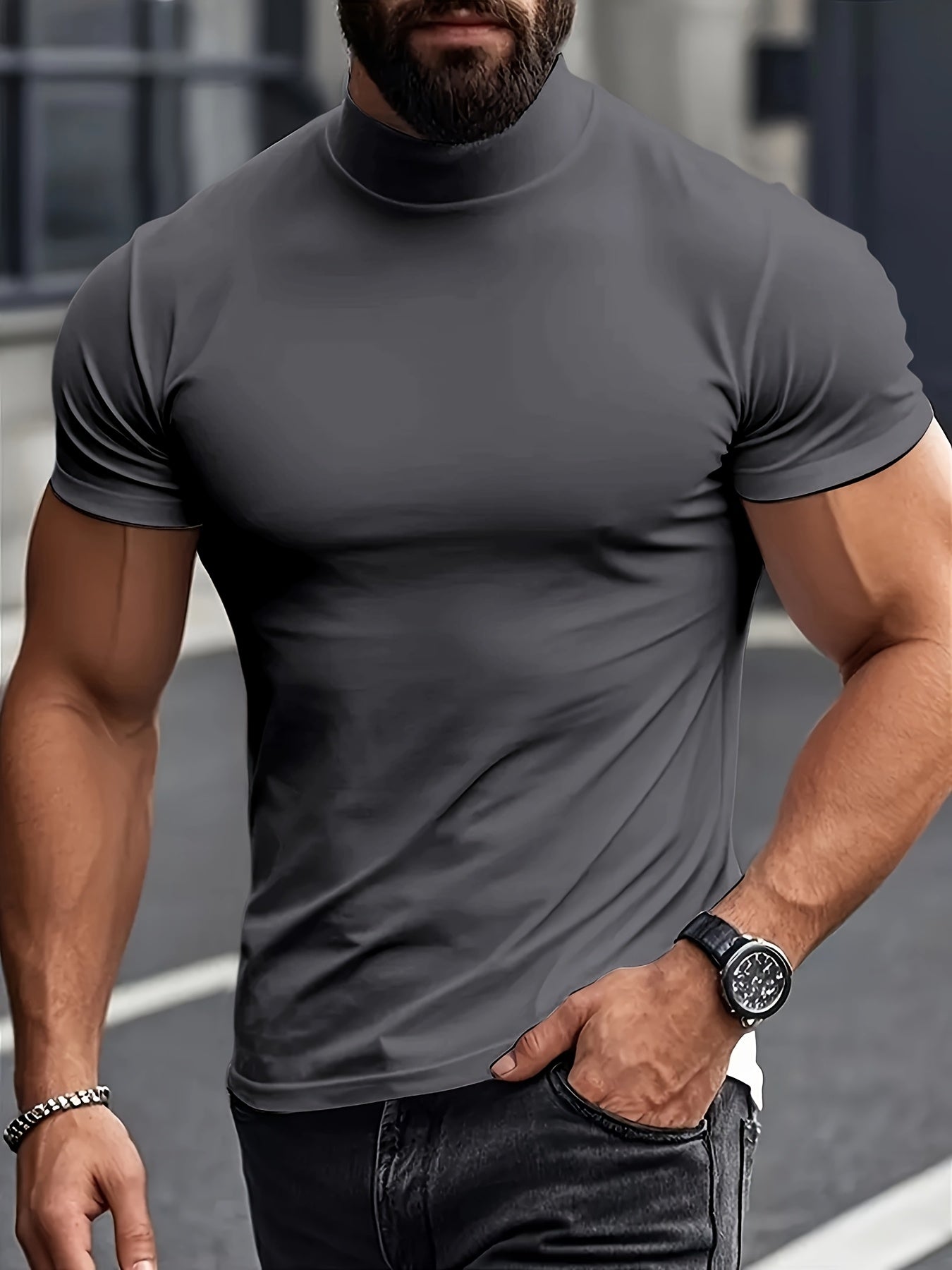 Men's slim fit short sleeve t-shirt with stand collar, ideal for gym and outdoor activities, made of breathable polyester-spandex blend, suitable for all-season wear.