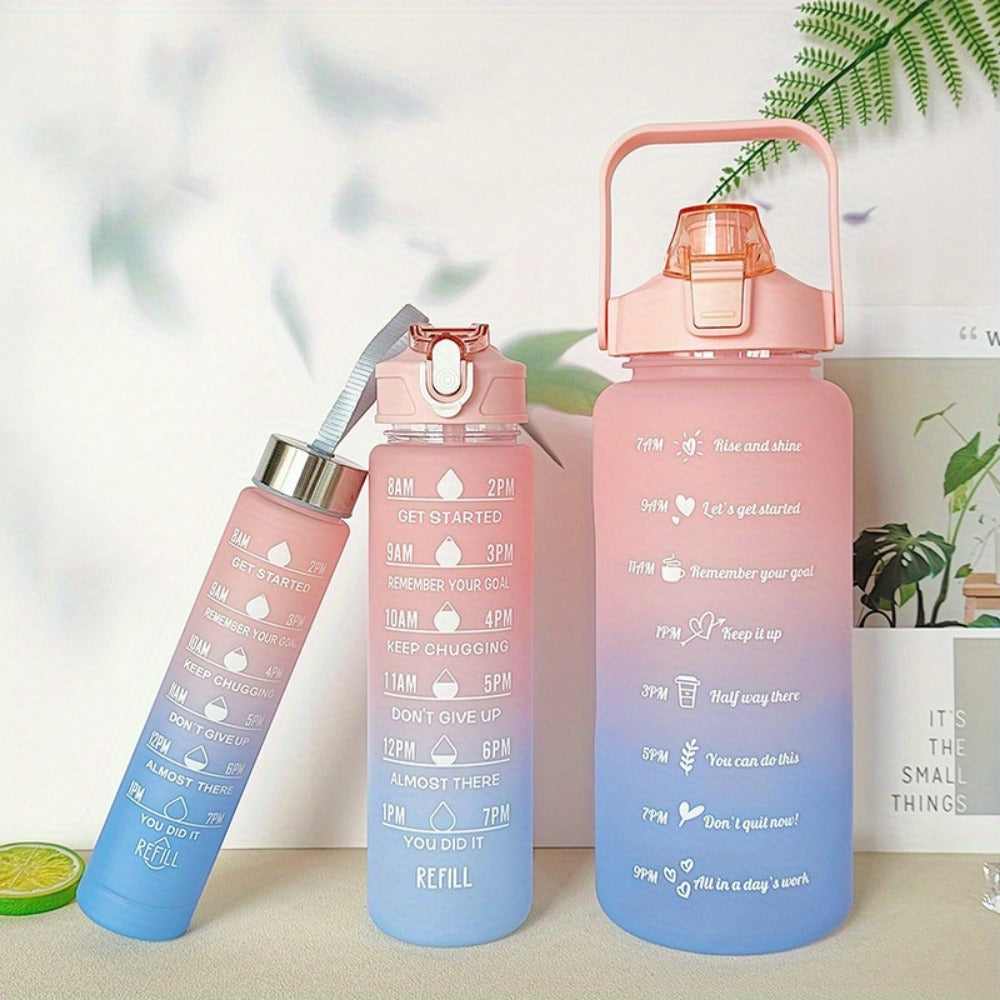 300ml/750ml/2L Gradient Color Frosted Water Bottles with straw, leak-proof design. Ideal for outdoor activities.