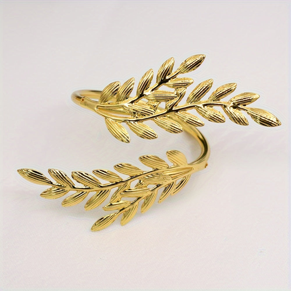 Set of 6 wheat ear design iron napkin rings, great for hotel wedding banquets. Golden plating, also available in silver.