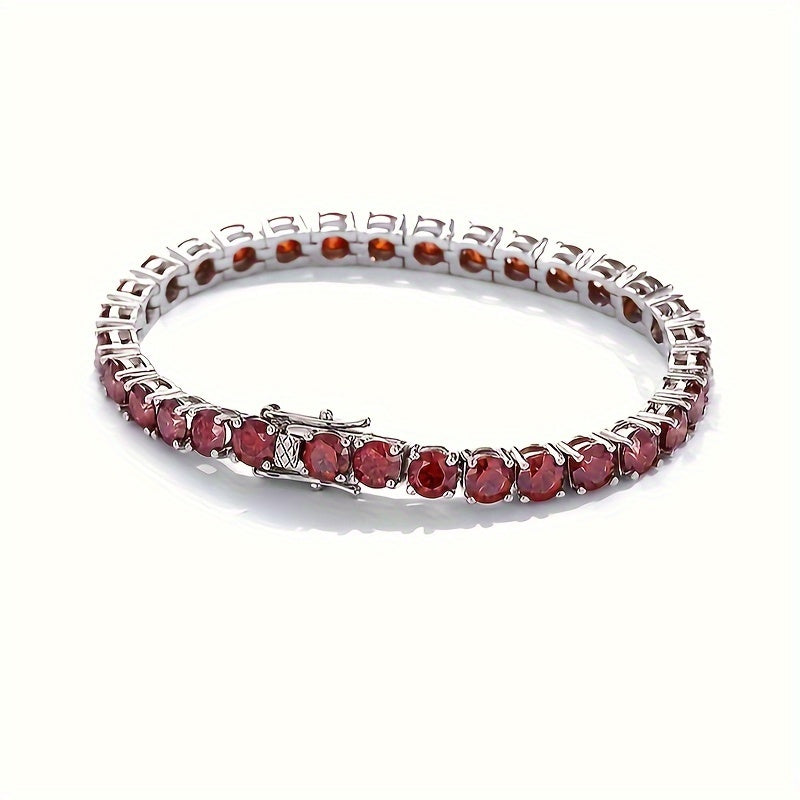 One piece of a luxurious and graceful Red Moissanite Tennis Bracelet, made of unisex 925 Sterling Silver. This fashion accessory is perfect for Valentine's Day, engagement, or wedding gifts.