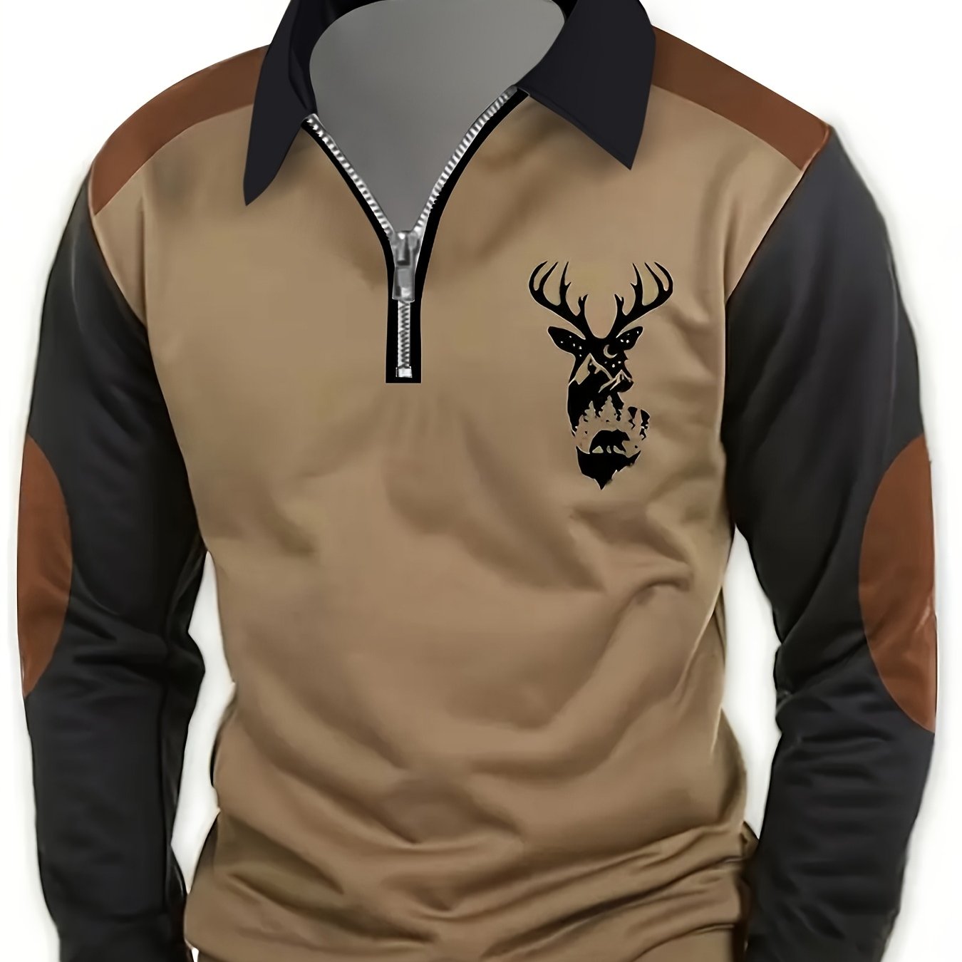 Men's Deer Print Golf Shirt - Long Sleeve Half-Zip Collared Outdoor Shirt in Black/Brown colors. Made of polyester and machine washable. Ideal for Fall/Winter leisure activities. Great gift