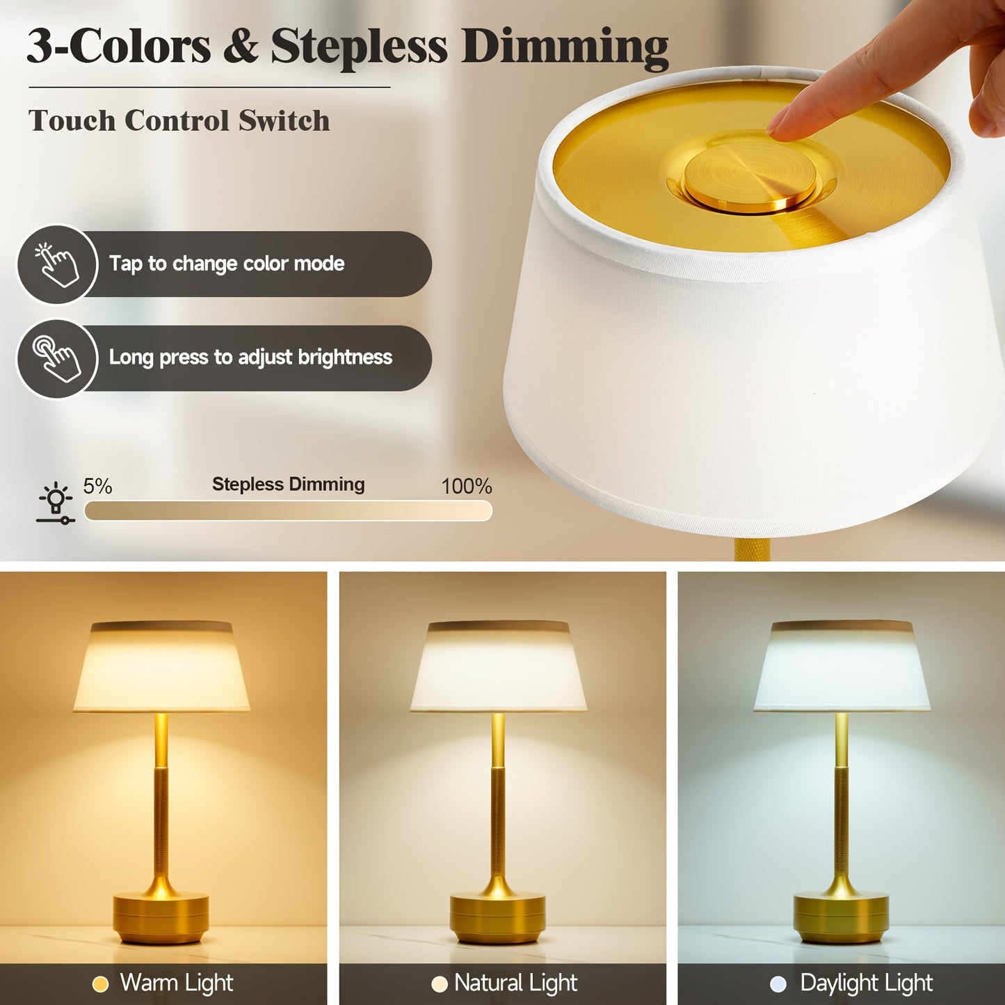 Dimmable LED Desk Lamp with Adjustable Gooseneck and Touch Control, offers 3 Color Temperatures and a Rechargeable 2000mAh Battery. Can be used in Living Room, Bedroom, and Office.