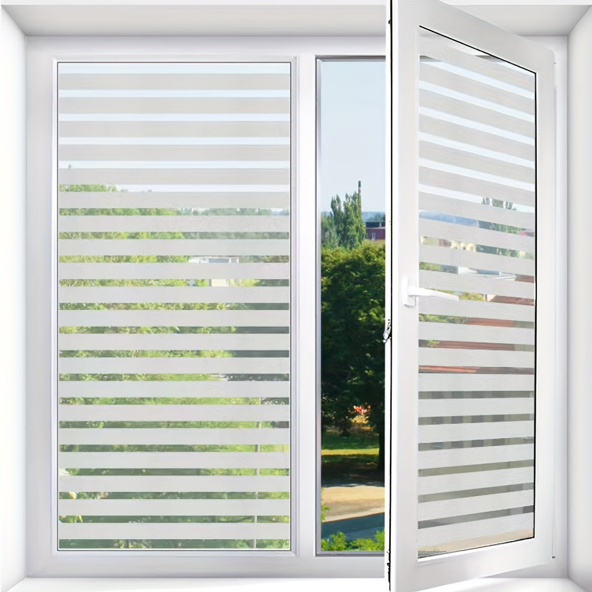 Create a stylish look in your living room, bedroom, office, or home with 1roll of Stripe Glass Window Film. This glueless vinyl film is easy to remove and attach with static electrostatic properties, providing UV protection and a trendy stripe pattern