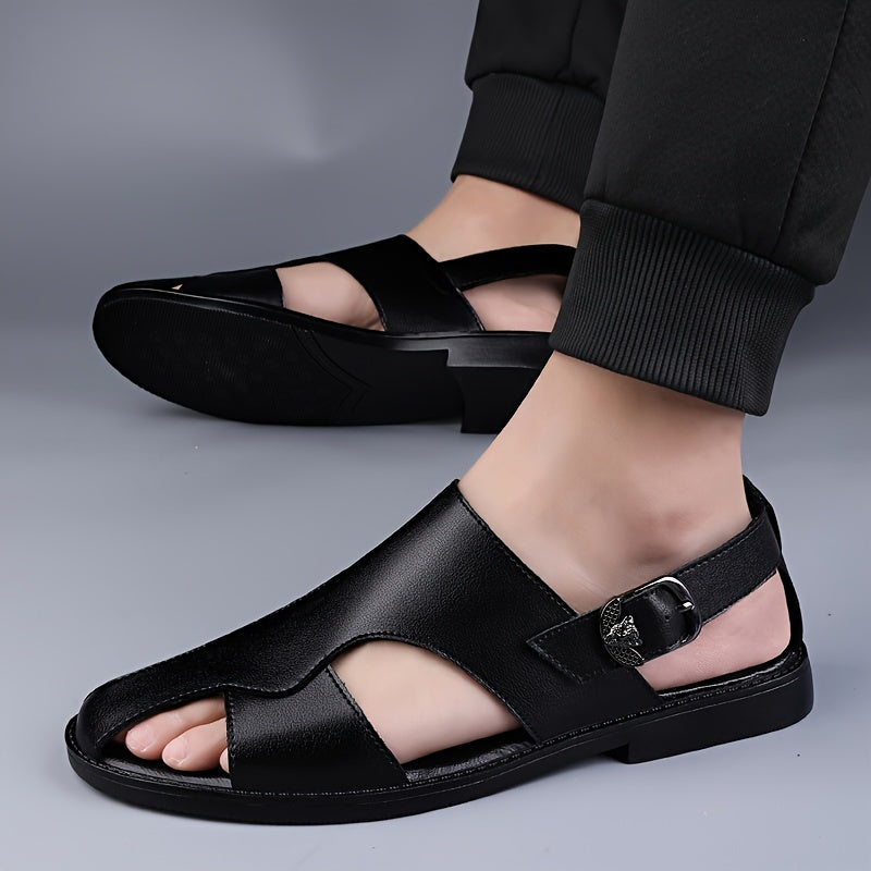 Men's comfy non-slip sandals with split cow leather upper and rubber sole, ideal for summer.