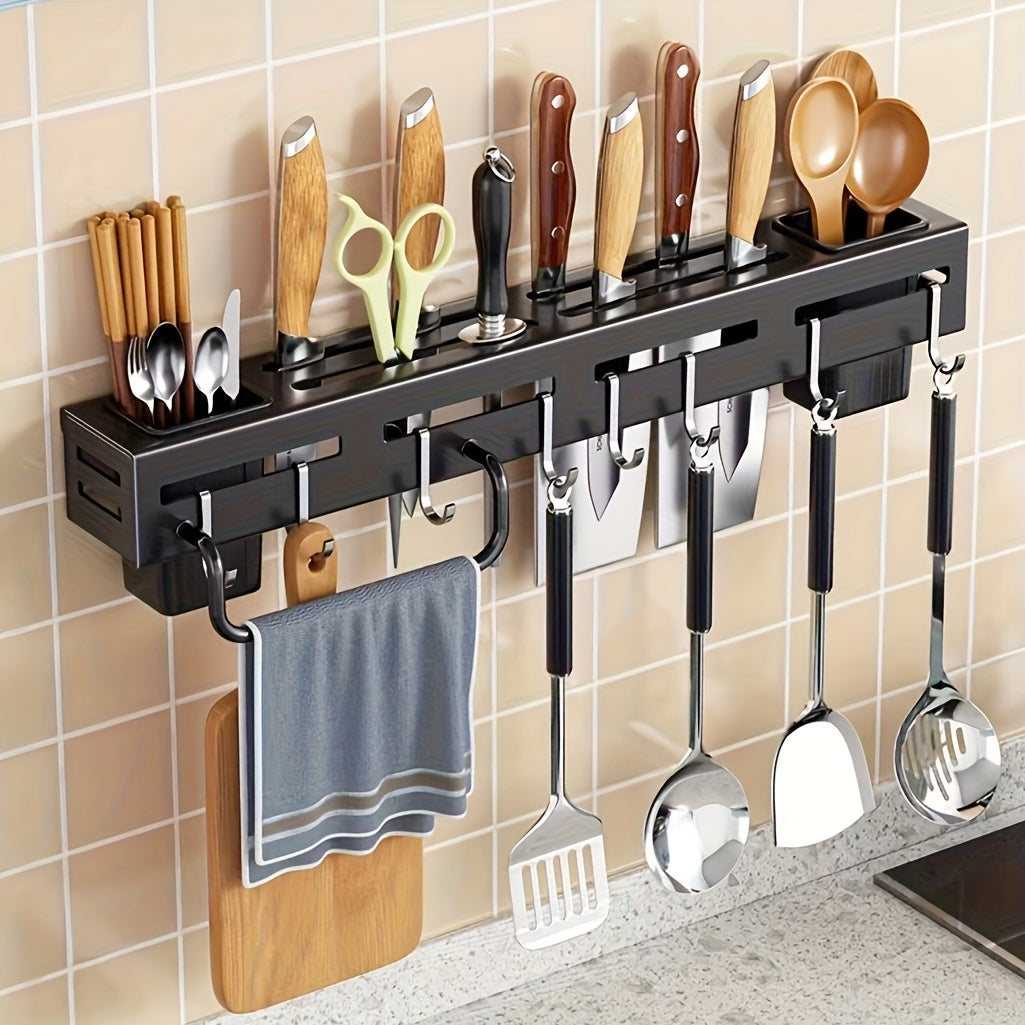 One piece of high-quality carbon steel knife rack designed for modern home kitchen storage. This rack is no-drill wall-mounted and features a multi-functional design with hooks, a towel rod, and a draining utensil caddy.