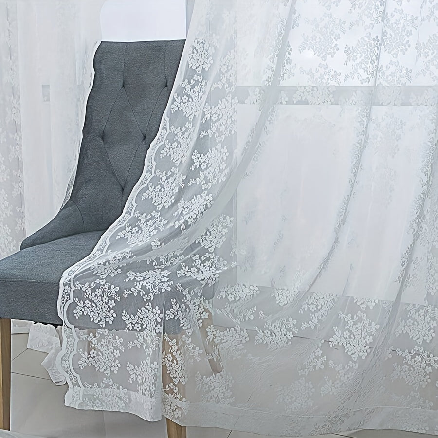 White Lace Window Screen with Double Lace Rod, Solid Color Jacquard Lace Curtain, and White Gauze Curtain - 1 piece