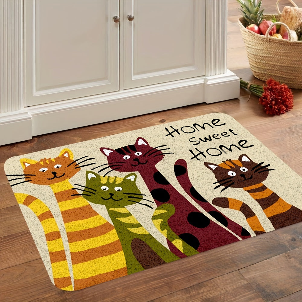 Adorable Cartoon Cats Doormat - Featuring Machine Washable Polyester Material and Non-Slip Backing - Stylish Flower Pattern Ideal for Living Room or Bedroom Décor