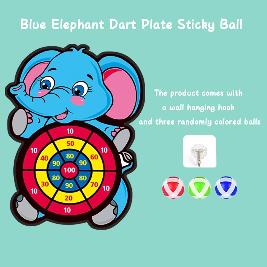 Elephant-shaped sticky dart board game set for ages 3+, includes hook and 3 sticky balls. Perfect family interactive play and birthday gift in polyester material, blue and purple.