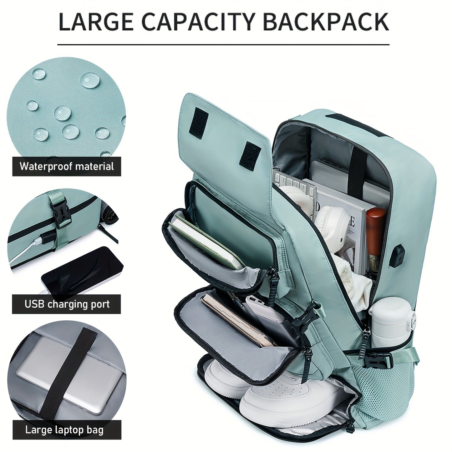 Waterproof backpack with USB port, trolley sleeve, shoe grid for outdoor activities.