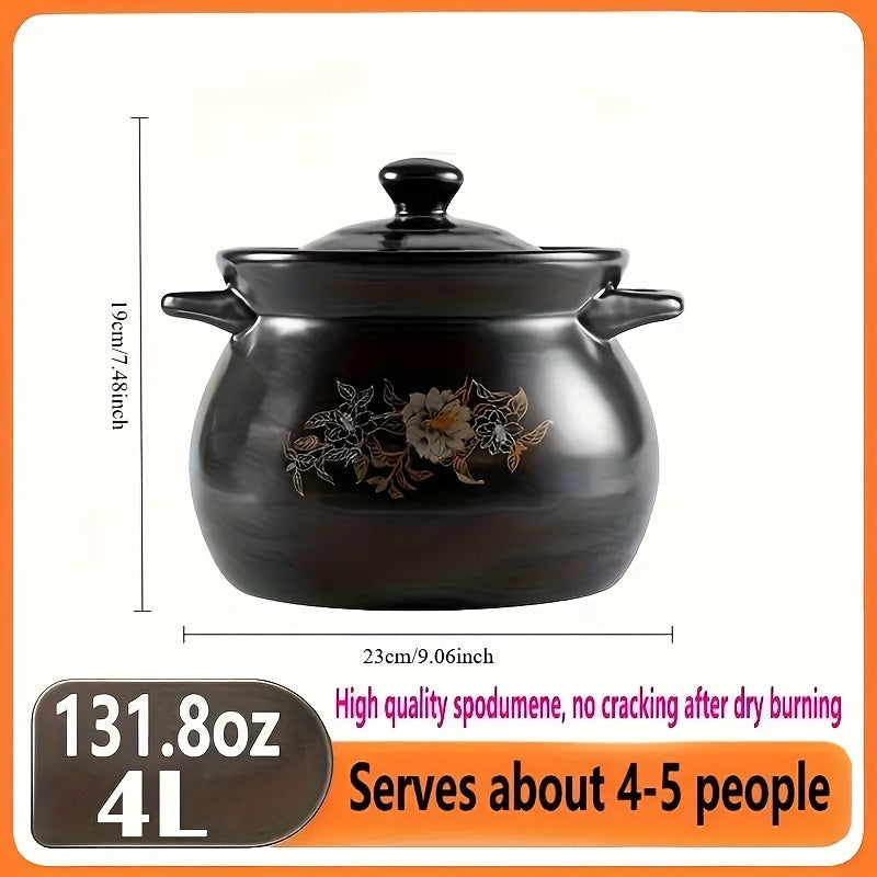 Use this 4 Litre Black Chinese Stock Pot made of high temperature resistant ceramic for slow cooking, soups, and terracotta rice. This universal thermal insulated earthenware stew pot can be used on all hobs without producing impurities.