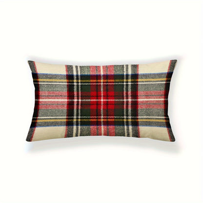 Red & green plaid pillowcase with classic Christmas design, polyester linen blend, zip closure. Ideal for home & party decor. Pillow insert not included.