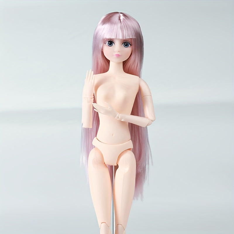 30cm doll with 20 joints, plain body, 2D painted real eyes, straight hair with bangs. DIY material for toy accessories.