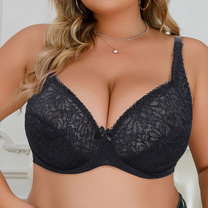 Women's Plus Size Simple Bra with Floral Lace, Medium Stretch, and Bow Detail