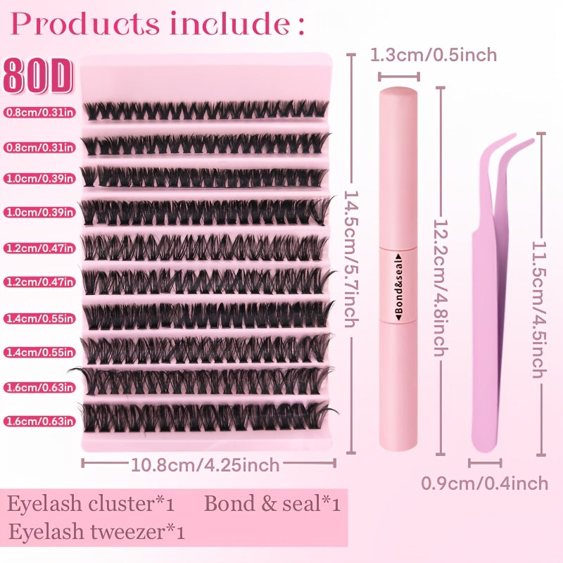 Luxurious DIY eyelash extension kit with 30P, 40P, and 80P lashes, featuring ultra-fine 0.07mm lash clusters in C and D curls (8-16mm). Suitable for beginners with lightweight 3D Russian