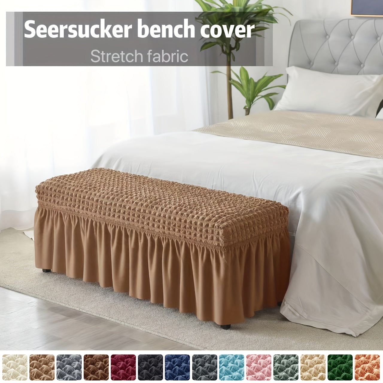 Long dining bench cover for living room or kitchen, featuring stretch, removable, and washable design.