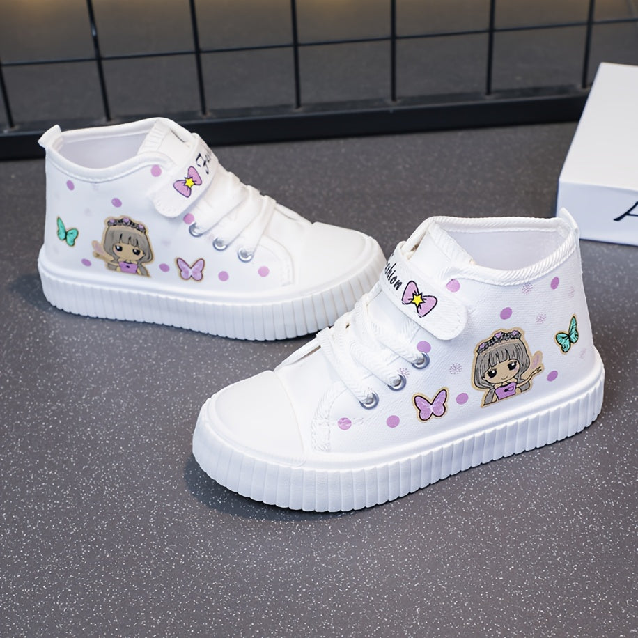 Cute high-top canvas shoes for girls featuring cartoon character, durable sole, and breathable design - perfect for everyday wear in spring and autumn.