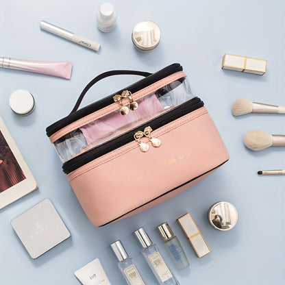 Stylish and practical travel makeup bag with double layers, made of waterproof PU material, featuring a transparent wash bag and large storage capacity.