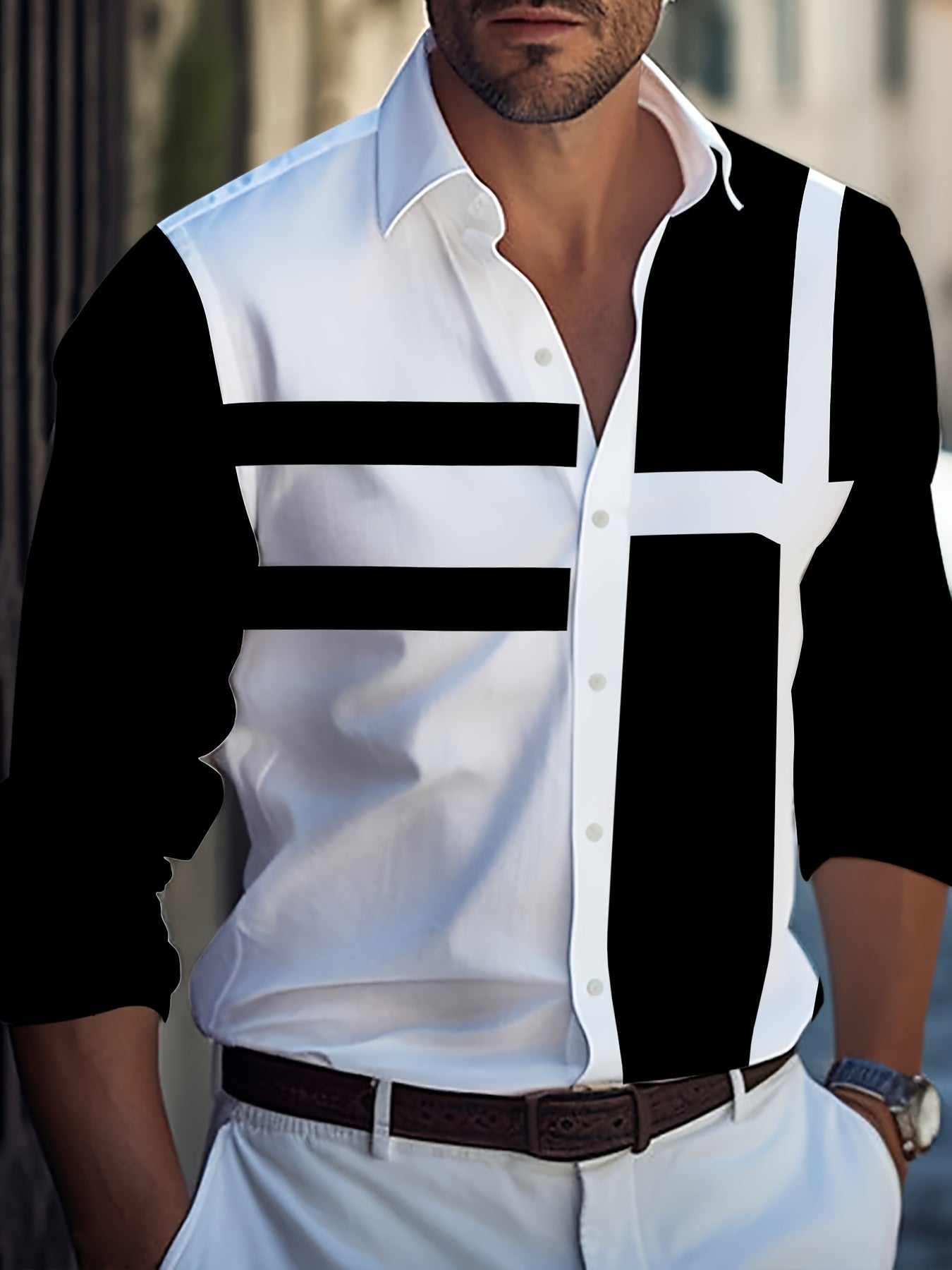 Men's casual golf shirt in black and white 3D print, polyester woven fabric, regular fit, lapel collar, long sleeve, suitable for spring/fall season, available in plus size.