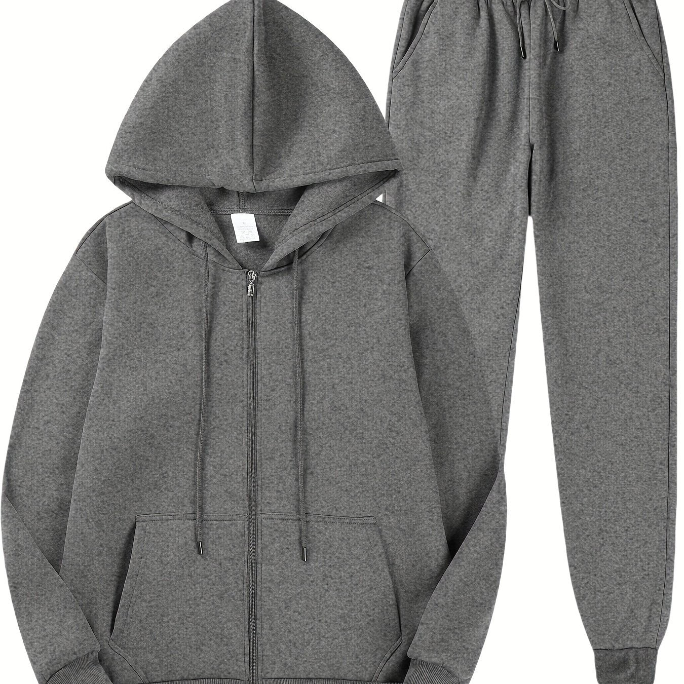 Men's casual fleece hoodie and sweatpants set made of 100% polyester. Includes a long sleeve zip-up hooded sweatshirt with kangaroo pocket, regular fit, knit fabric, solid color. Ideal for