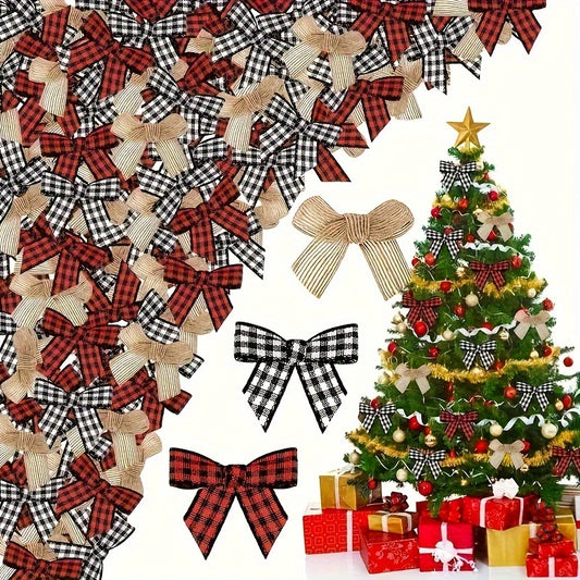 30 Mini Red & Black Plaid Ribbon Bows - Ideal for Christmas and Holiday Decor