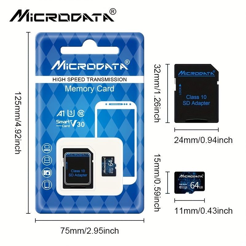 New micro TF SD cards with 32GB SDHC Class 10 for fast storage, also in 64GB, 128GB, and 256GB U3 SDXC mini flash drives for smartphones with an SD adapter.