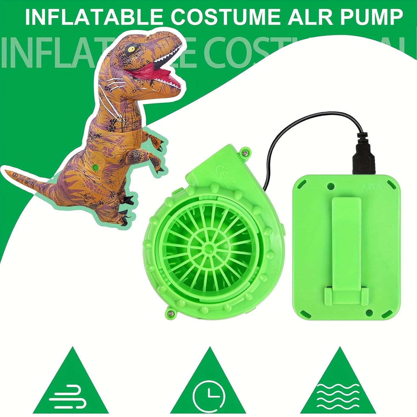 Get ready to party with the Portable Mini Inflatable Costume Fan in a vibrant green color! This fan comes with a USB plug and battery box for dual power modes (AA batteries not included). Perfect for Halloween, Christmas, and parties, this fan is a