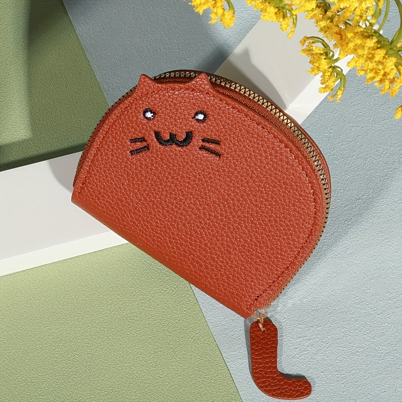 Charming cat-shaped casual wallet with synthetic material, card slots, zip closure, envelope design, easy to clean, and painted edge details.