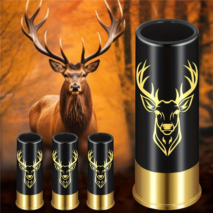 4 Elk Head Pattern Shot Cups, Bullet Shaped Shot Glass for Bars, Clubs, Restaurants, or Home use.