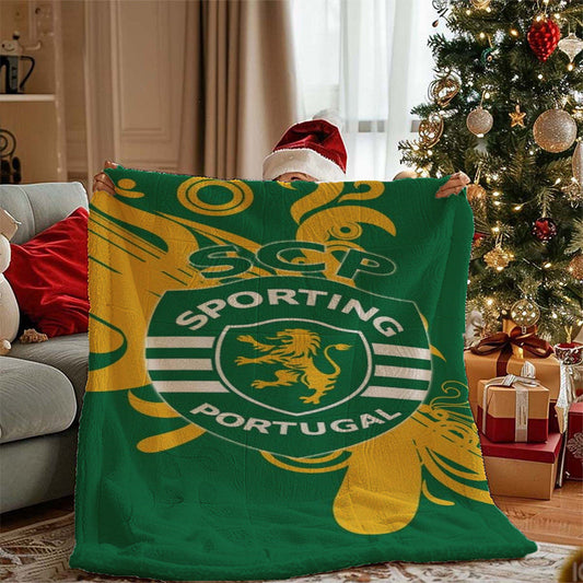 [Gift Blanket] Sporting Portugal Fleece Throw Blanket - Luxuriously soft, hypoallergenic, and durable, featuring iconic Green & Yellow colors with Lion Emblem - Perfect for cozying up on the sofa, bed, in the office, camping or while traveling - A