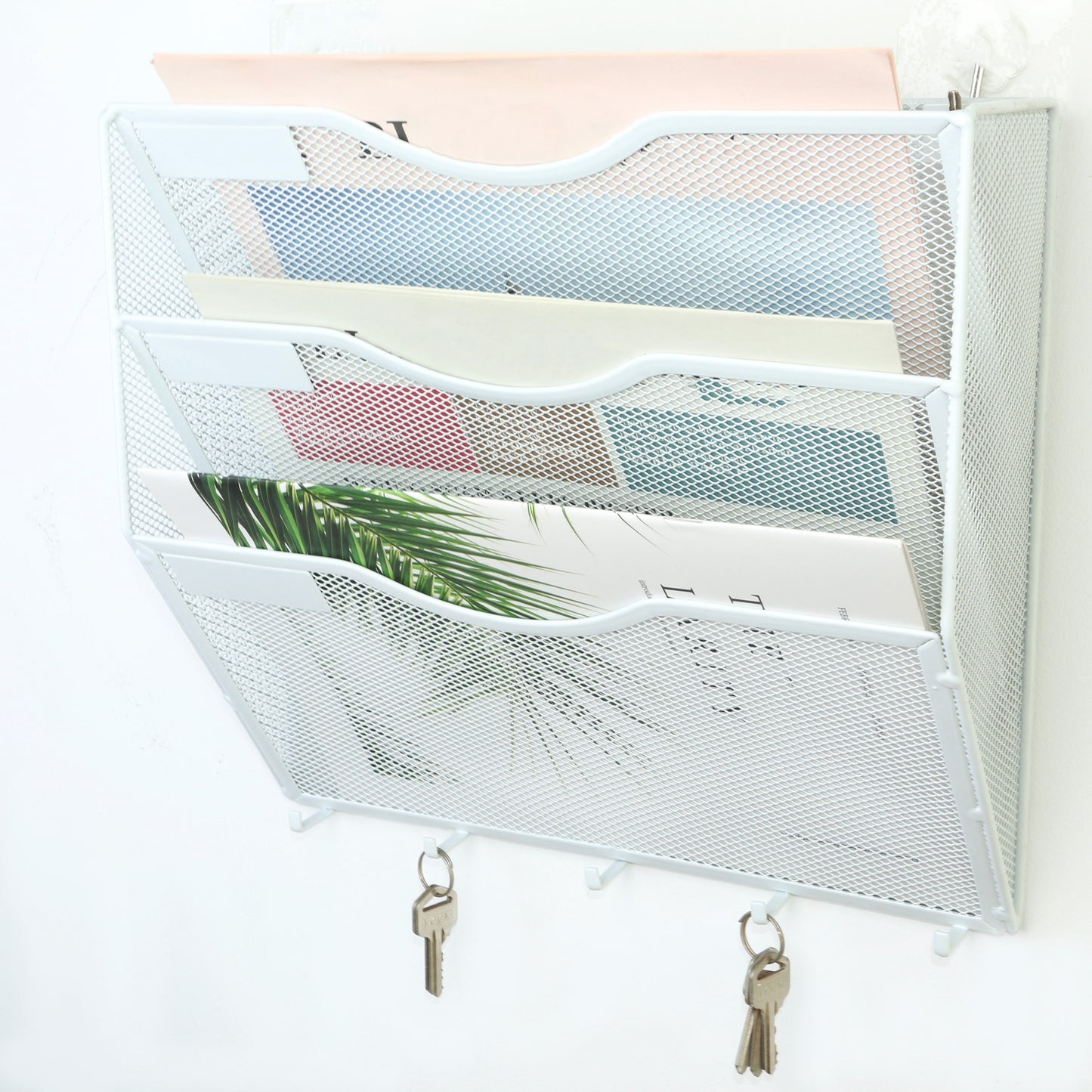 Wall mount file organizer with key hooks, vertical hanging folder for organization, light blue iron material, space-saving design.