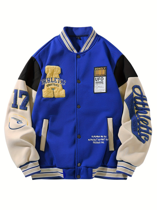 Men's casual varsity jacket with letter embroidery, made of knit polyester and machine washable. Features a baseball collar, long sleeves, and ideal for fall and winter wear.