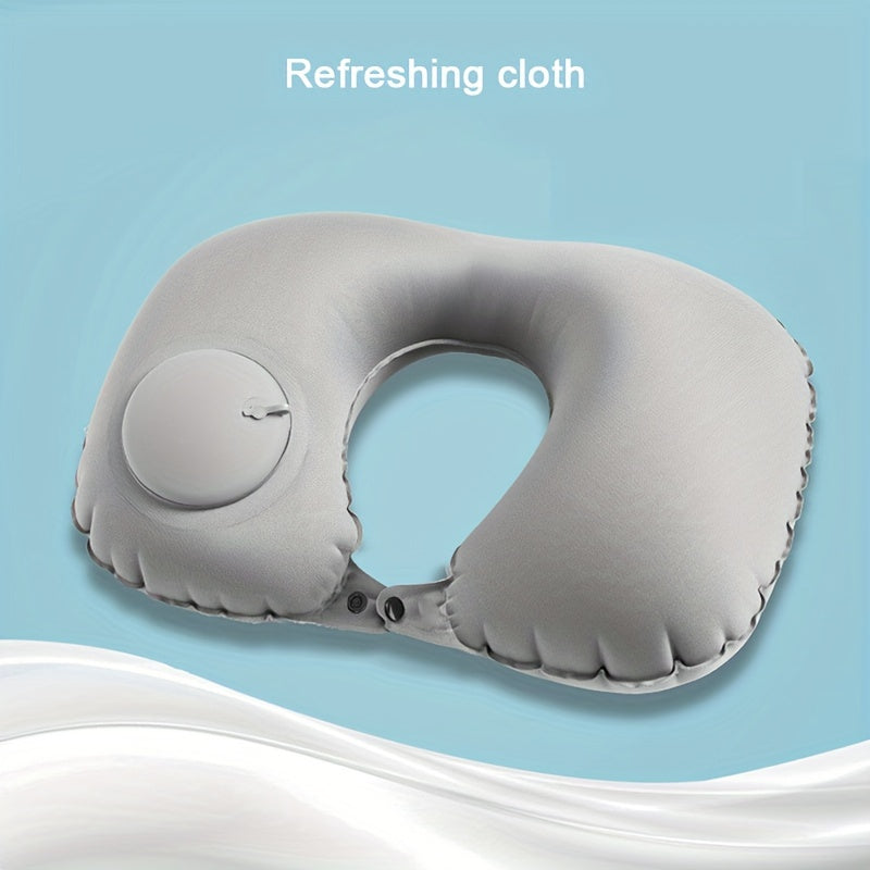 Soft and portable U-shaped inflatable pillow designed for comfortable sleeping while traveling on airplanes, trains, or in the office