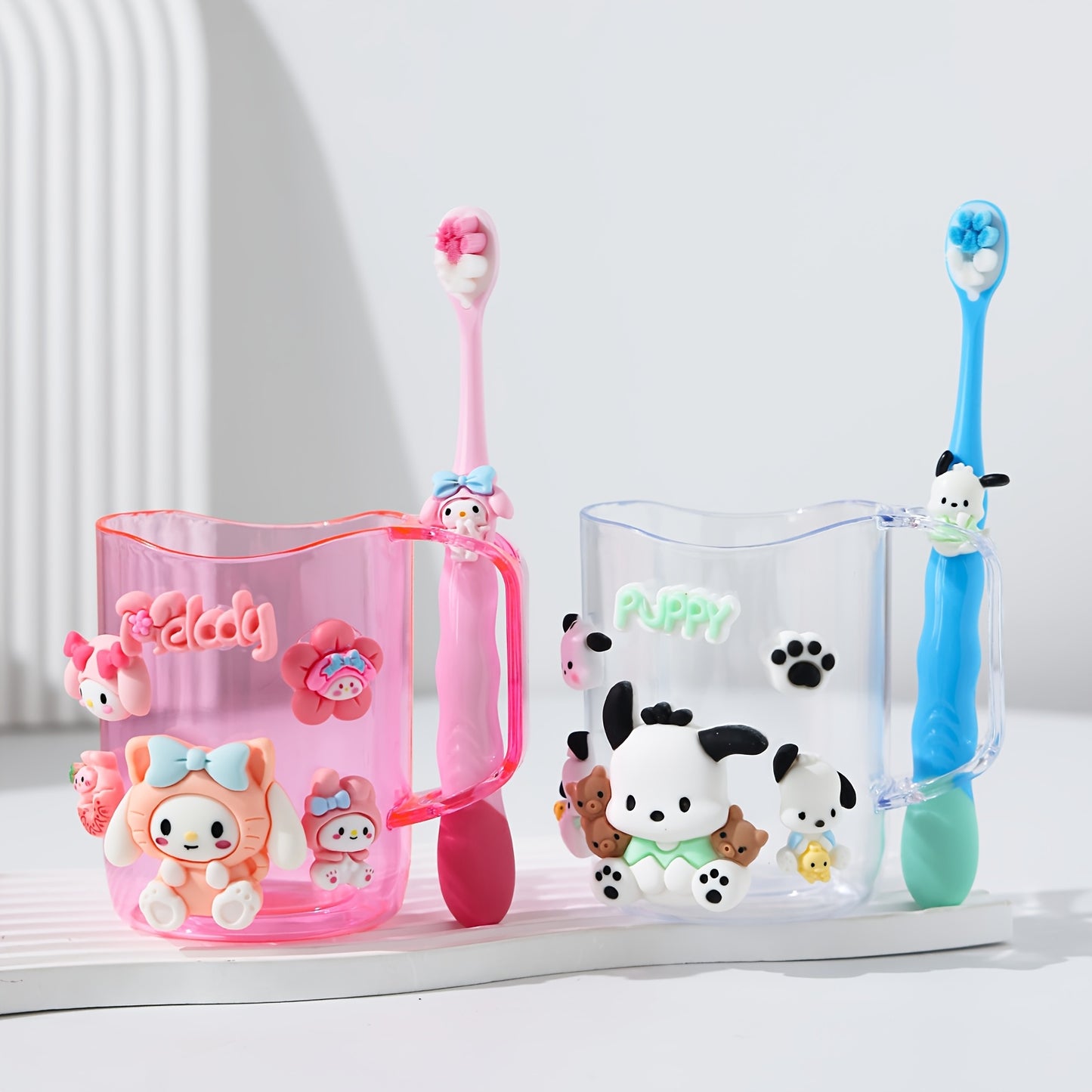 2pcs Sanrio Cute Cartoon Kuromi, Melody toothbrush holder set made of durable PP material for both men and women. Includes mouthwash cup and toothbrush.