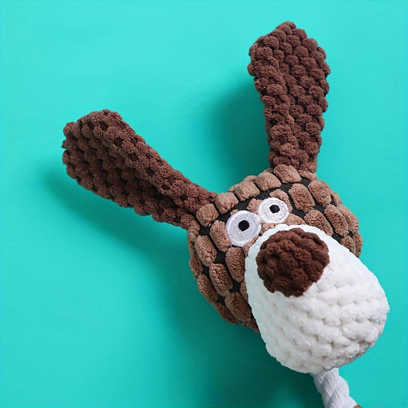 ""
Corduroy donkey-shaped chew toy with squeaker for dogs
""