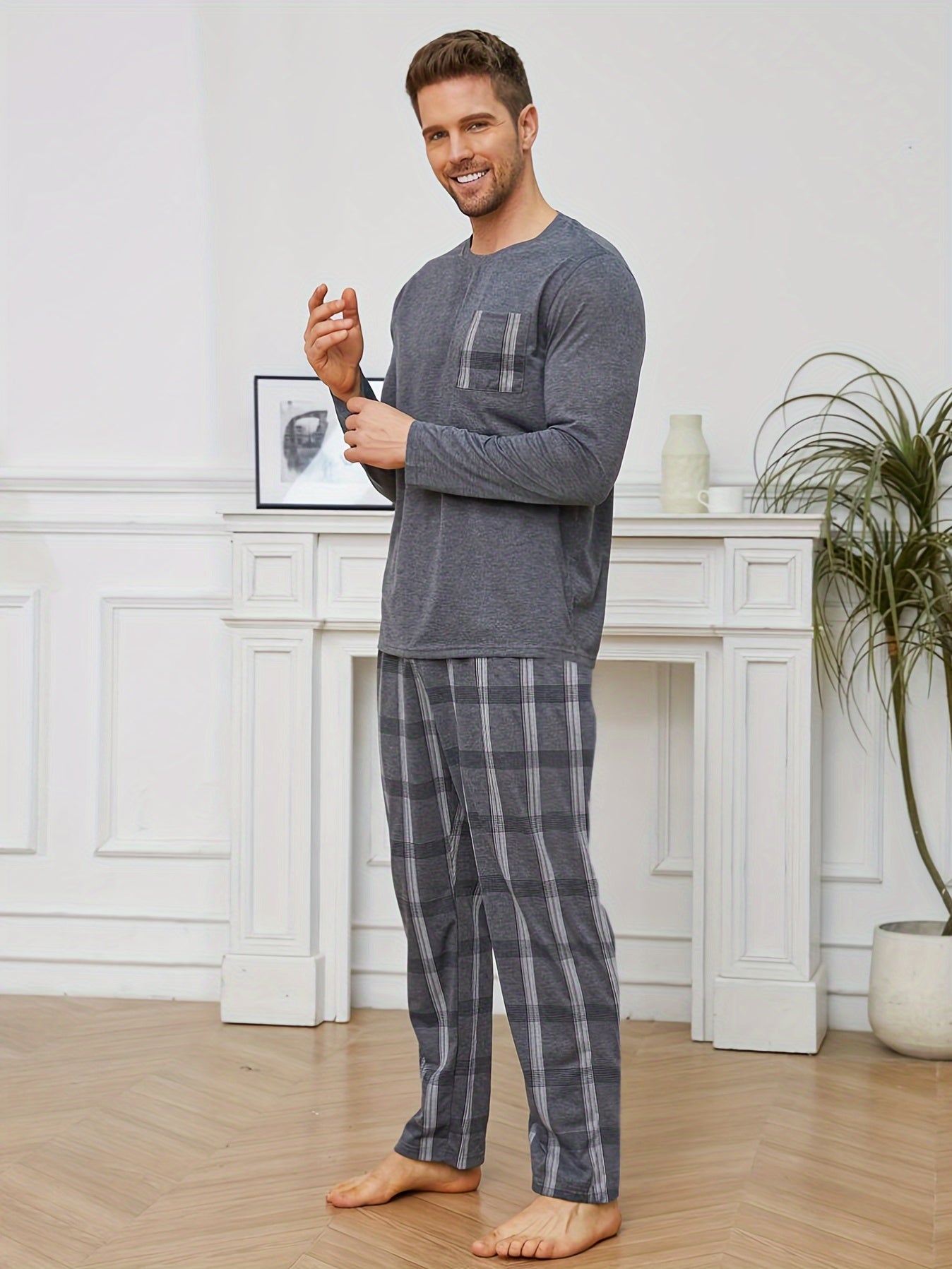 Men's dark gray plaid pajama set with pockets - includes long sleeve round neck top and pants. Made of polyester blend and machine washable.