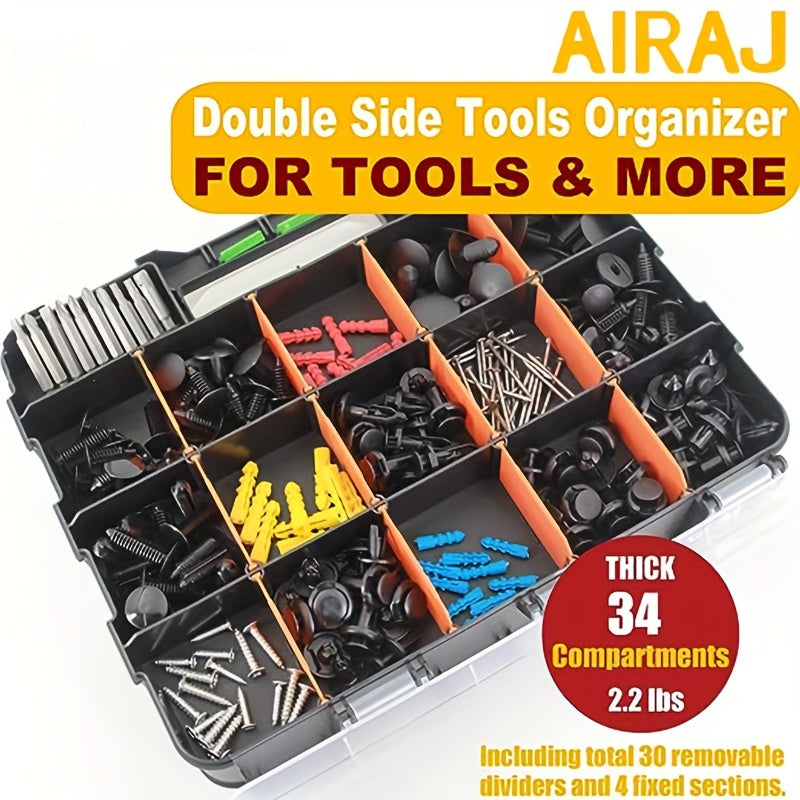 AIRAJ Double-Sided Parts Box, 34 Compartment, Black and Orange color, made of bamboo fiber and plastic, high-quality and durable, no assembly needed, uncharged, battery not included.