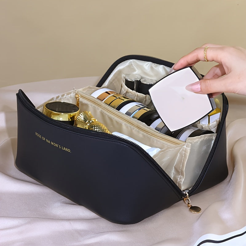 Yiwu-produced chic pink PU cosmetic case for women with large capacity and durable edge paint, featuring a chic pillow shape and polyester lining.