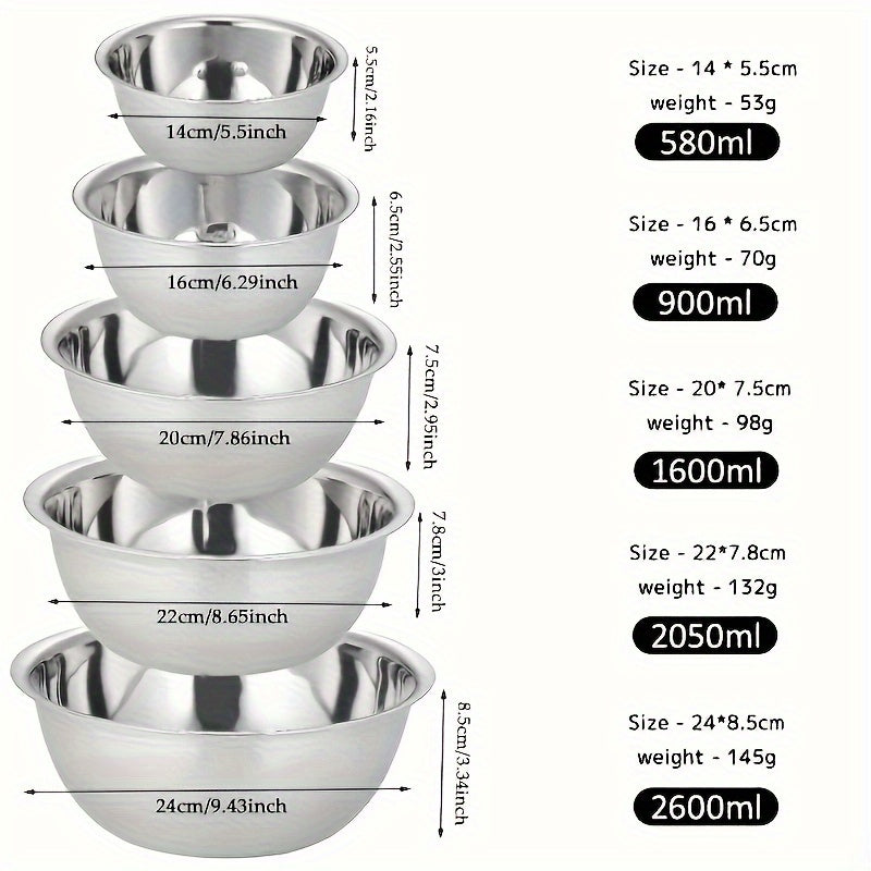 Set of 5 Stainless Steel Mixing Bowls with Built-in Scale - Perfect for Cooking, Baking, Meal Prepping, Washing Fruits, Serving Noodles, and More! Includes Essential Kitchen Accessories for Back to School Supplies.